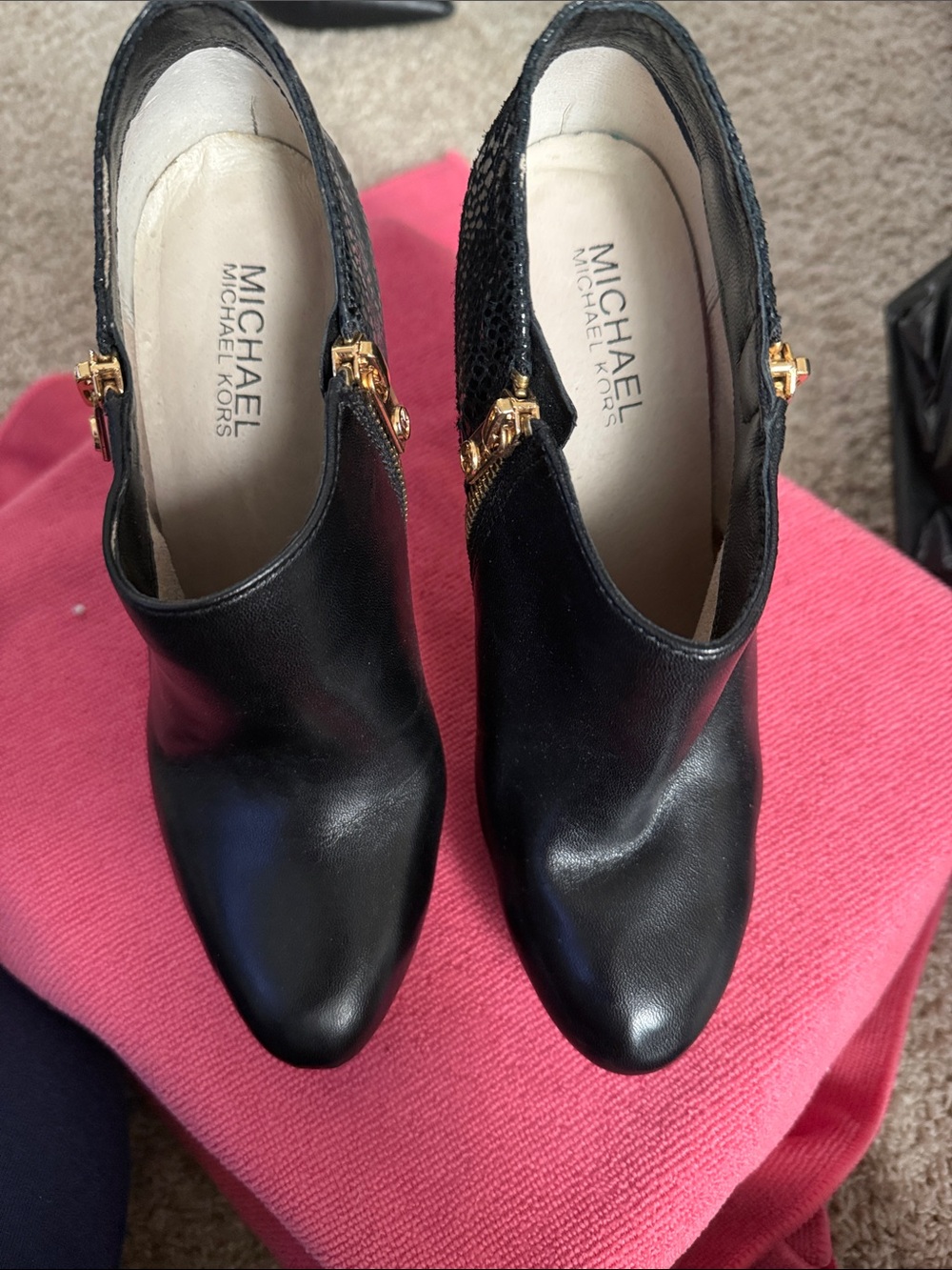 Michael Kors Black Leather Ankle Booties with Gold Hardware